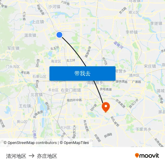 清河地区 to 亦庄地区 map