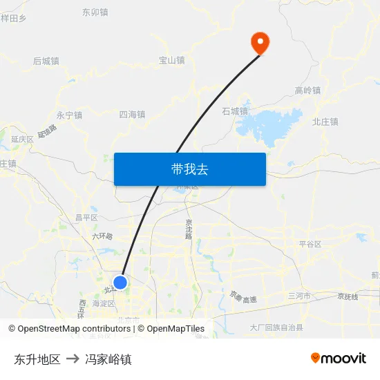 东升地区 to 冯家峪镇 map