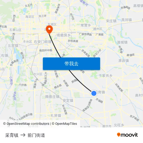 采育镇 to 前门街道 map