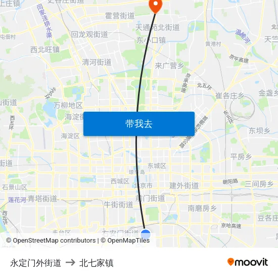 永定门外街道 to 北七家镇 map
