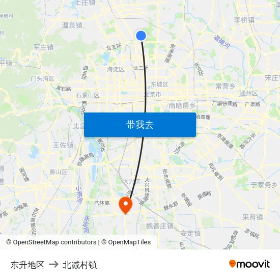 东升地区 to 北减村镇 map