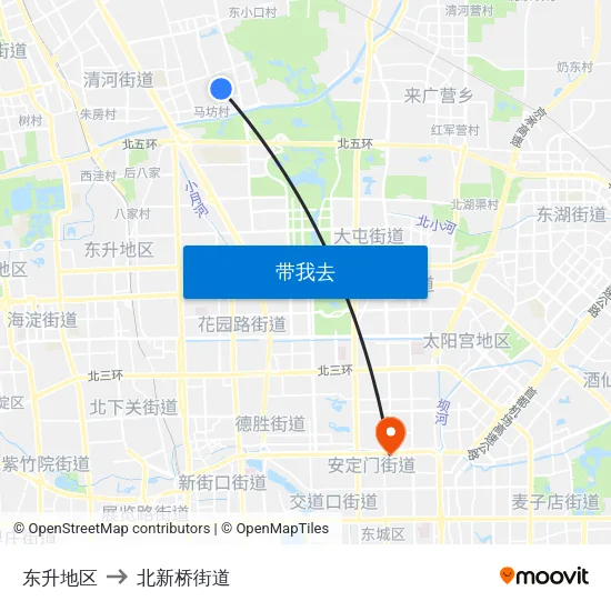 东升地区 to 北新桥街道 map