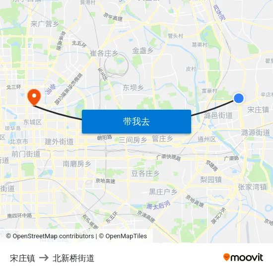 宋庄镇 to 北新桥街道 map
