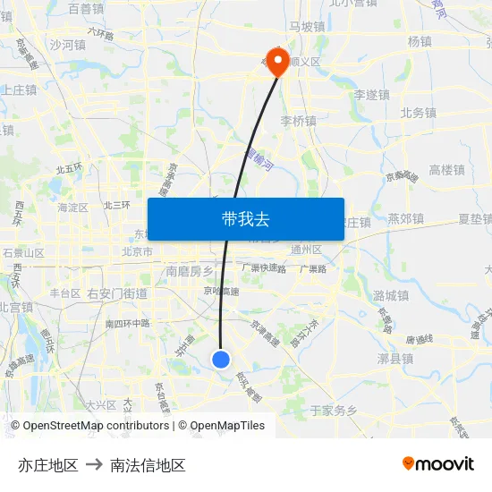 亦庄地区 to 南法信地区 map