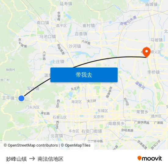妙峰山镇 to 南法信地区 map