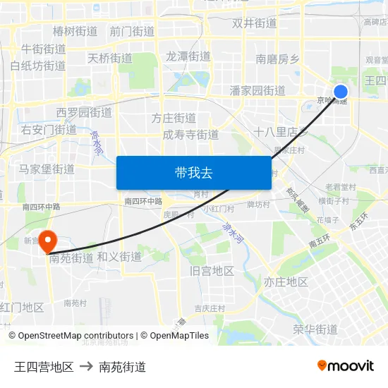王四营地区 to 南苑街道 map