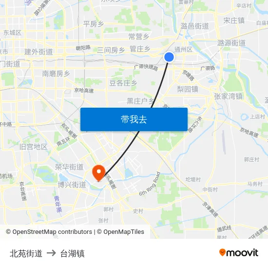北苑街道 to 台湖镇 map