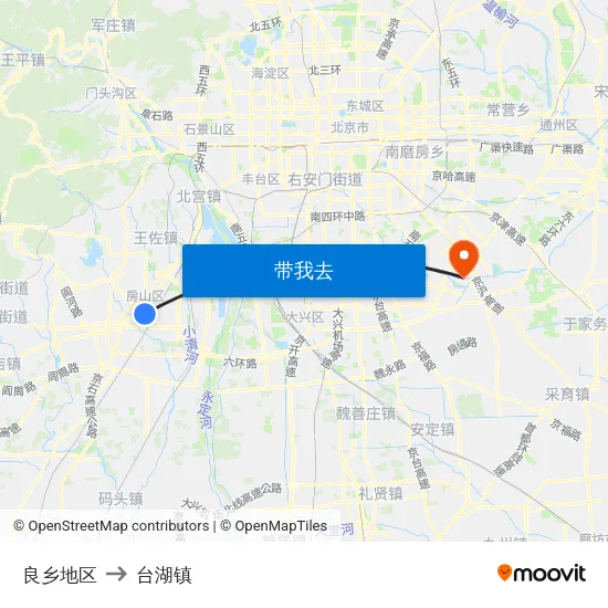良乡地区 to 台湖镇 map