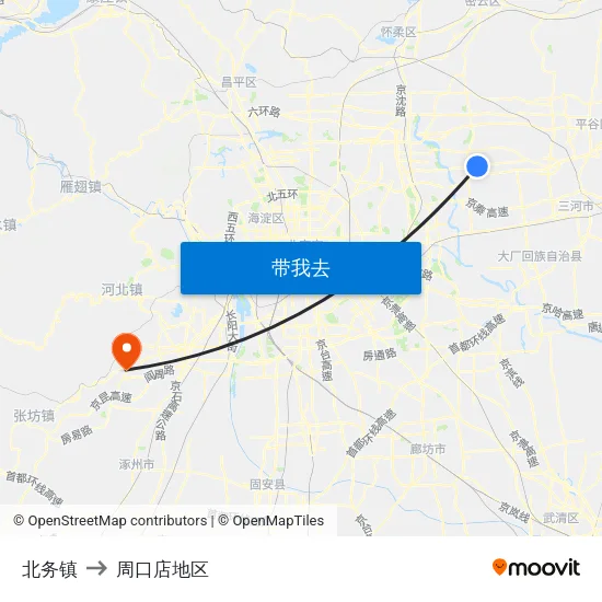 北务镇 to 周口店地区 map
