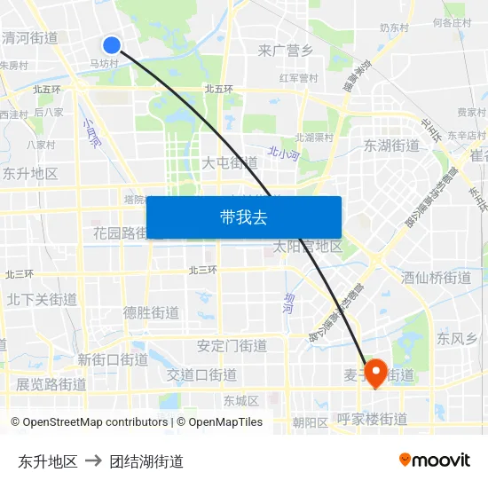 东升地区 to 团结湖街道 map