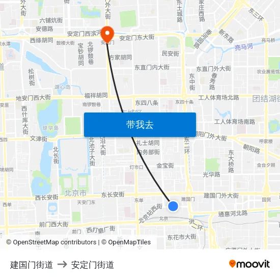 建国门街道 to 安定门街道 map
