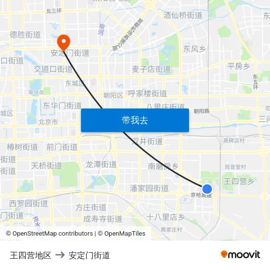 王四营地区 to 安定门街道 map