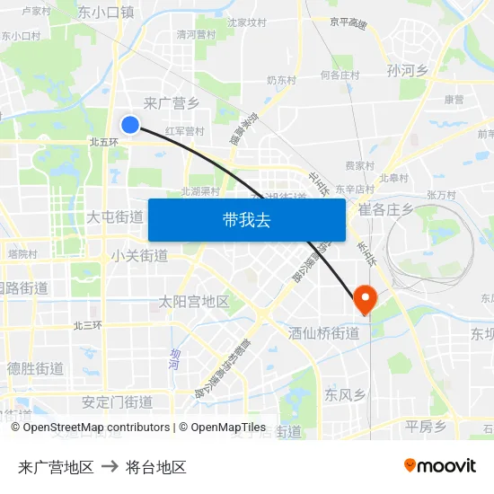 来广营地区 to 将台地区 map