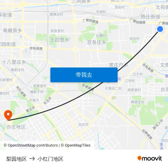 梨园地区 to 小红门地区 map