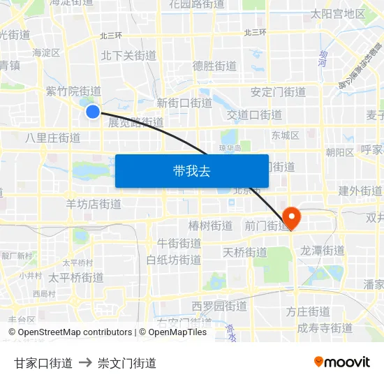 甘家口街道 to 崇文门街道 map