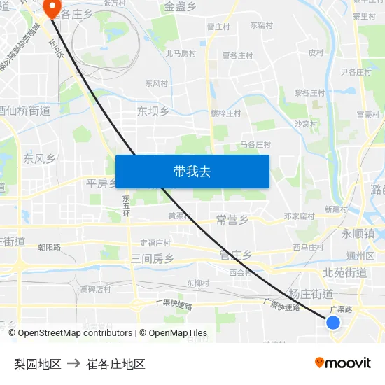 梨园地区 to 崔各庄地区 map