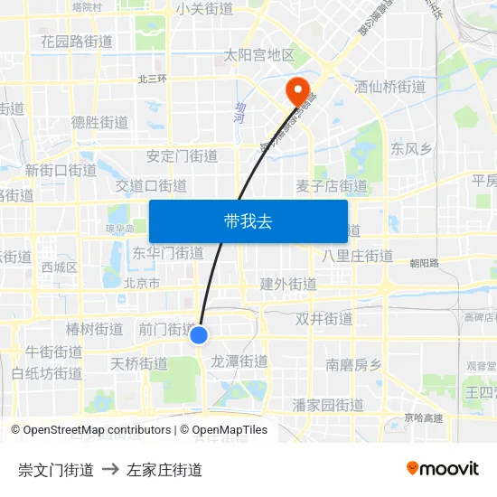 崇文门街道 to 左家庄街道 map