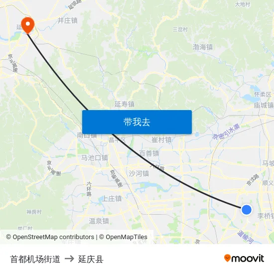 首都机场街道 to 延庆县 map
