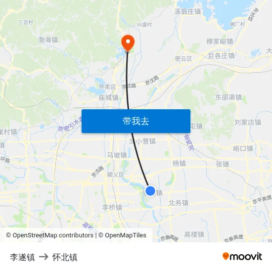 李遂镇 to 怀北镇 map