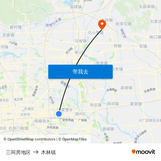 三间房地区 to 木林镇 map