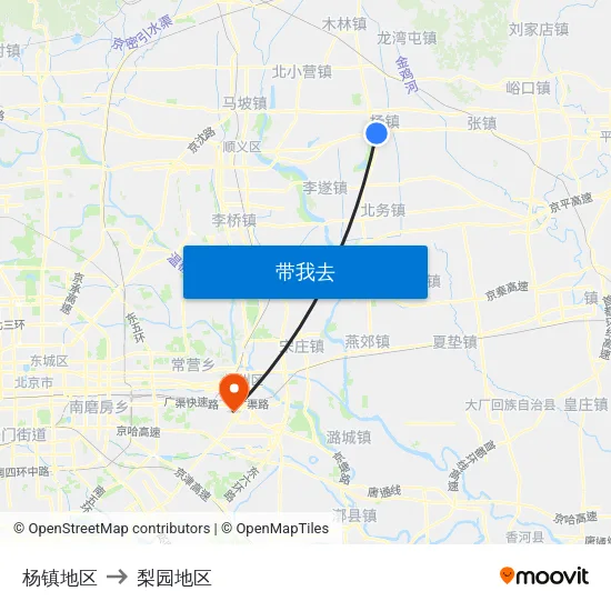 杨镇地区 to 梨园地区 map