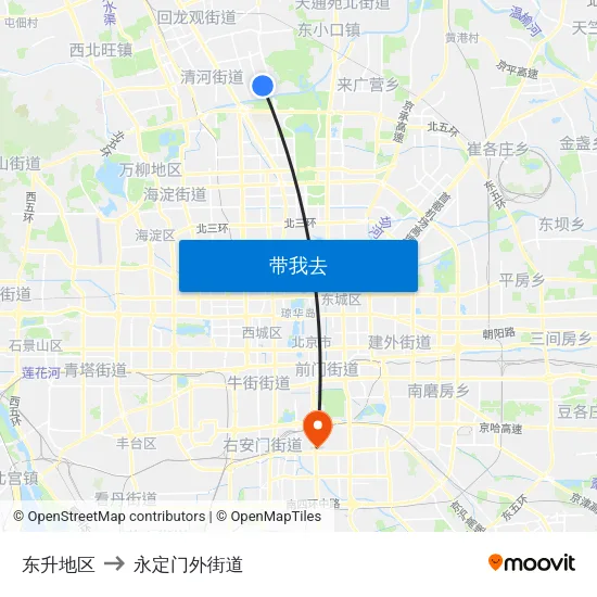 东升地区 to 永定门外街道 map