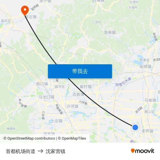 首都机场街道 to 沈家营镇 map