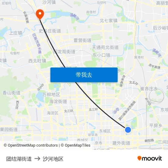 团结湖街道 to 沙河地区 map