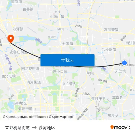首都机场街道 to 沙河地区 map