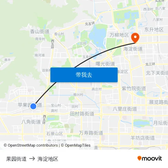 果园街道 to 海淀地区 map