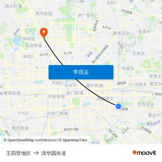 王四营地区 to 清华园街道 map