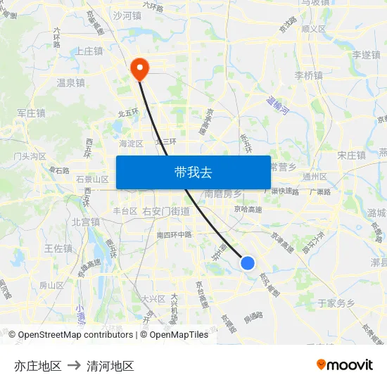 亦庄地区 to 清河地区 map