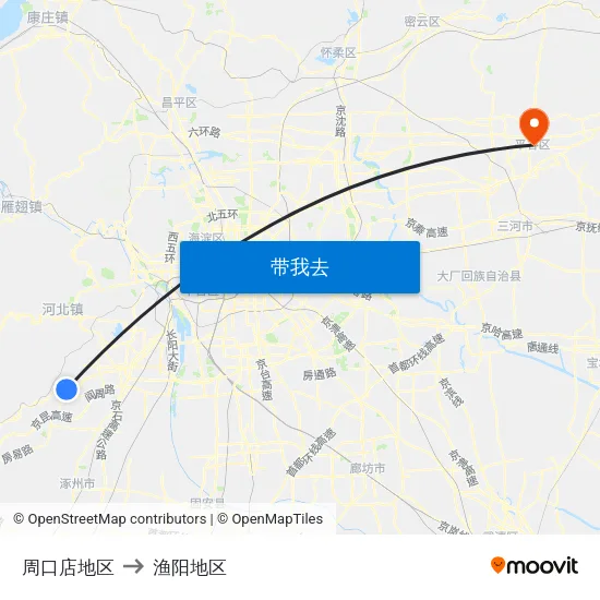 周口店地区 to 渔阳地区 map