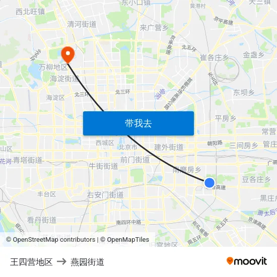 王四营地区 to 燕园街道 map