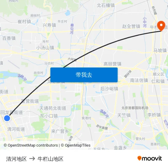 清河地区 to 牛栏山地区 map