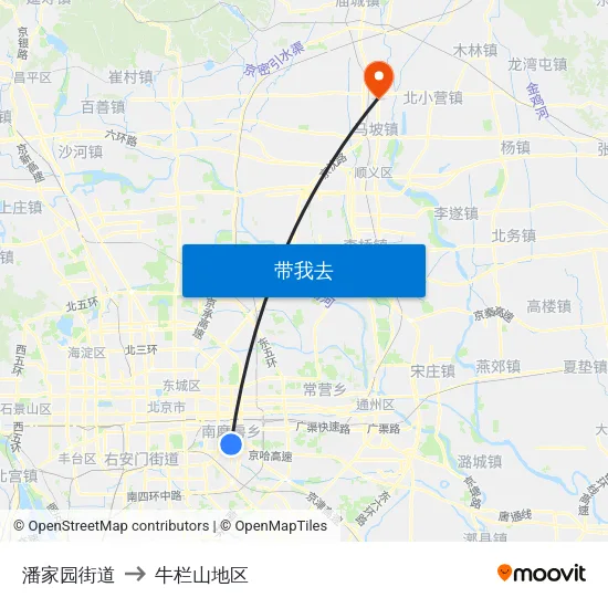 潘家园街道 to 牛栏山地区 map