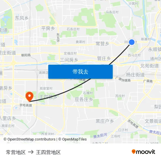 常营地区 to 王四营地区 map