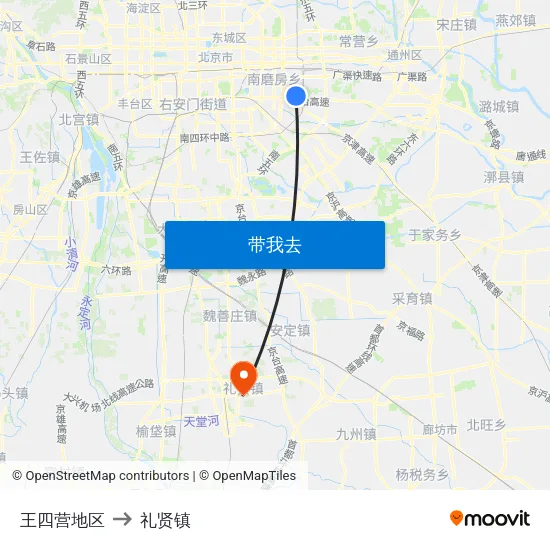 王四营地区 to 礼贤镇 map