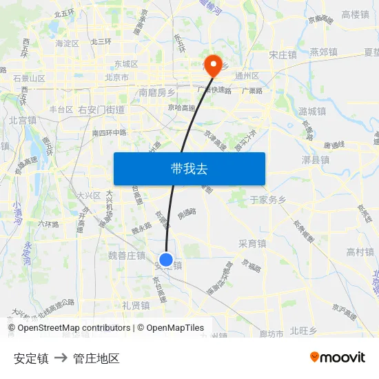 安定镇 to 管庄地区 map