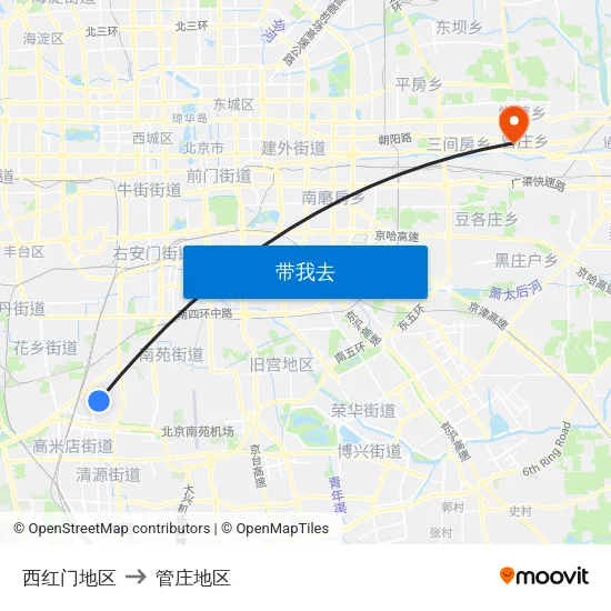 西红门地区 to 管庄地区 map