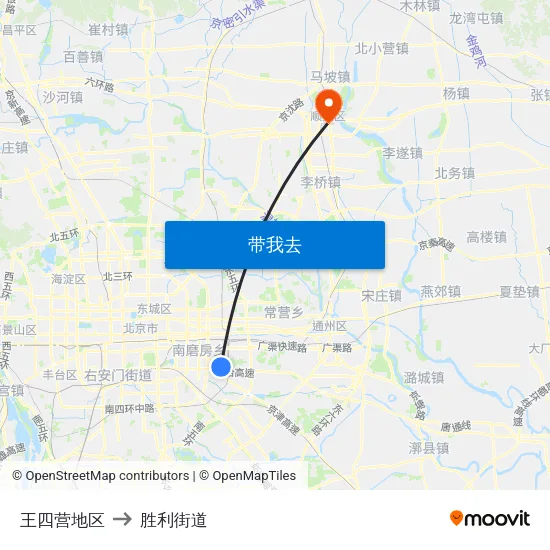 王四营地区 to 胜利街道 map