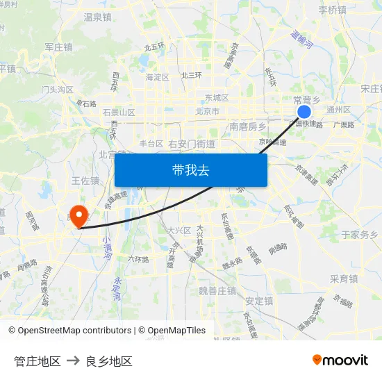 管庄地区 to 良乡地区 map
