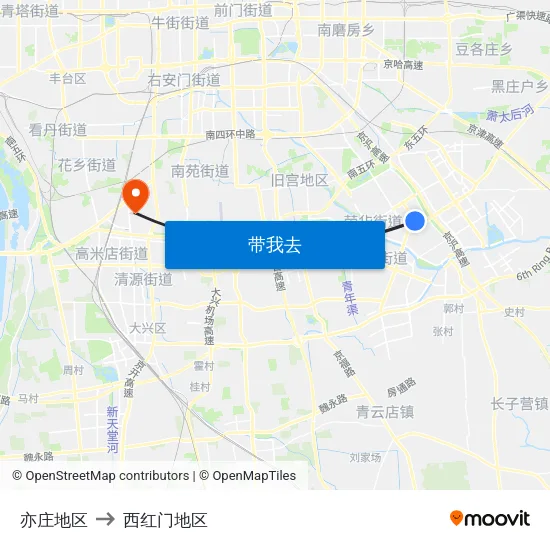亦庄地区 to 西红门地区 map