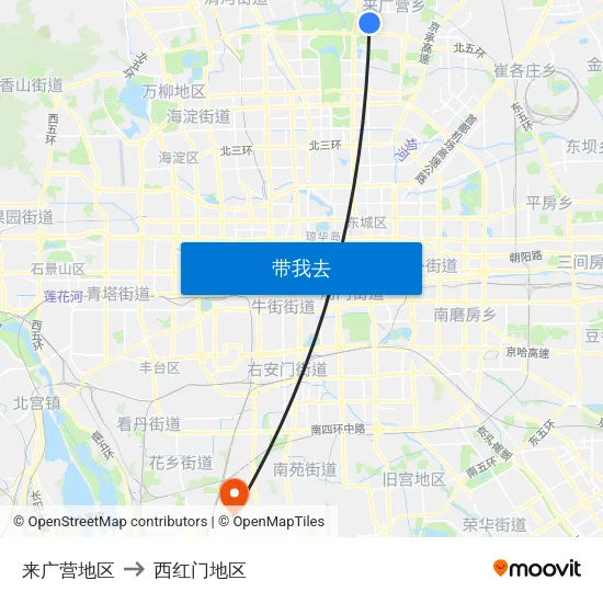 来广营地区 to 西红门地区 map