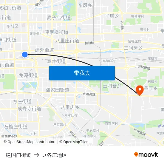 建国门街道 to 豆各庄地区 map