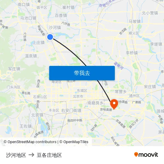 沙河地区 to 豆各庄地区 map