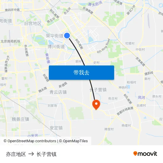 亦庄地区 to 长子营镇 map