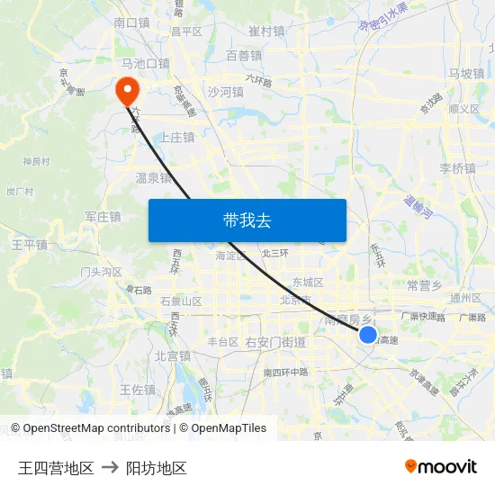 王四营地区 to 阳坊地区 map