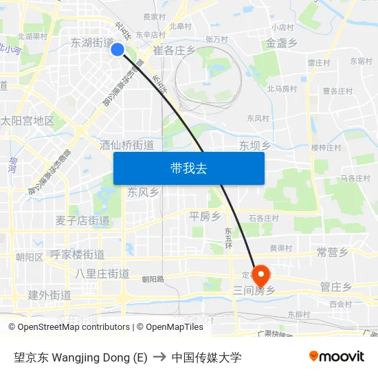 望京东 Wangjing Dong (E) to 中国传媒大学 map