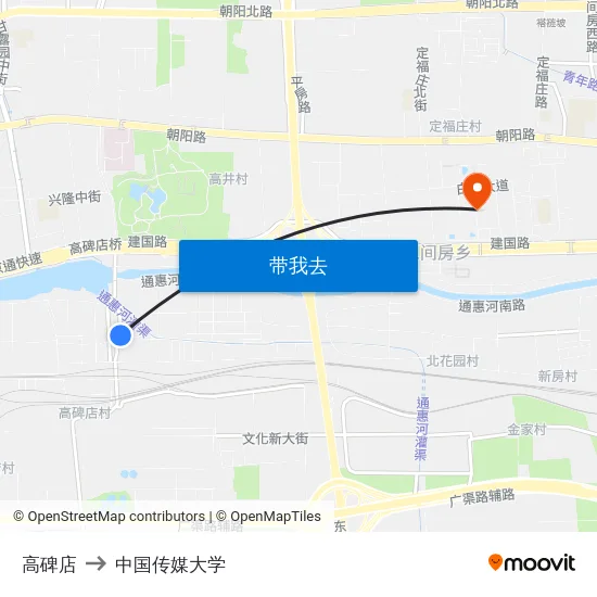 高碑店 to 中国传媒大学 map